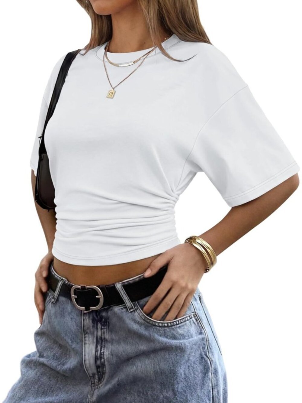 〽️Women's White Trendy Batwing Short Sleeve Ruched Waist Slim Fitted T Shirt